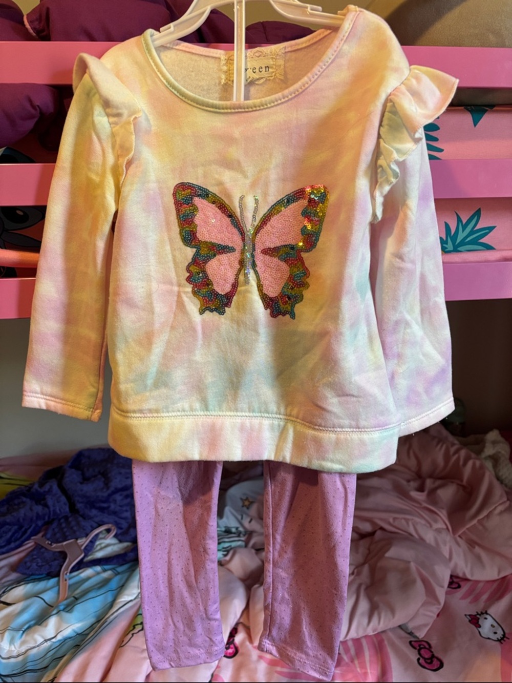 btween Pastel Tie-Dye Butterfly Sweatshirt and Pink Leggings Set
